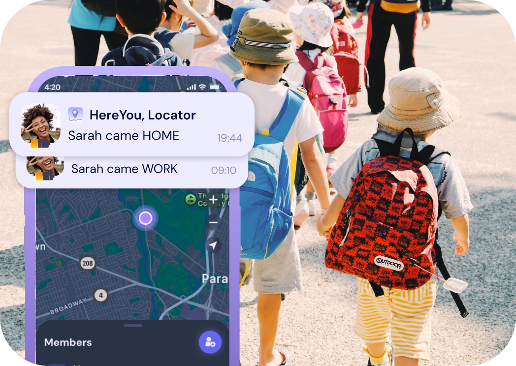 Smart Place Alerts screen showing notifications when a family member arrives at school