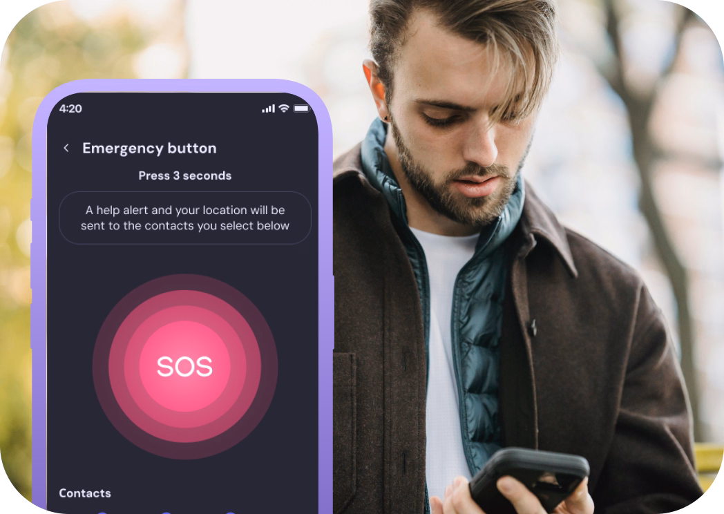 SOS Emergency button sending an instant alert with GPS coordinates to contacts